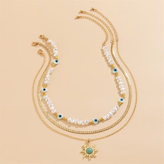alloy Set of 3 layered flat chain and o-link chain with beads Delicate Necklace with Flower , Evil eyes & sun pendants