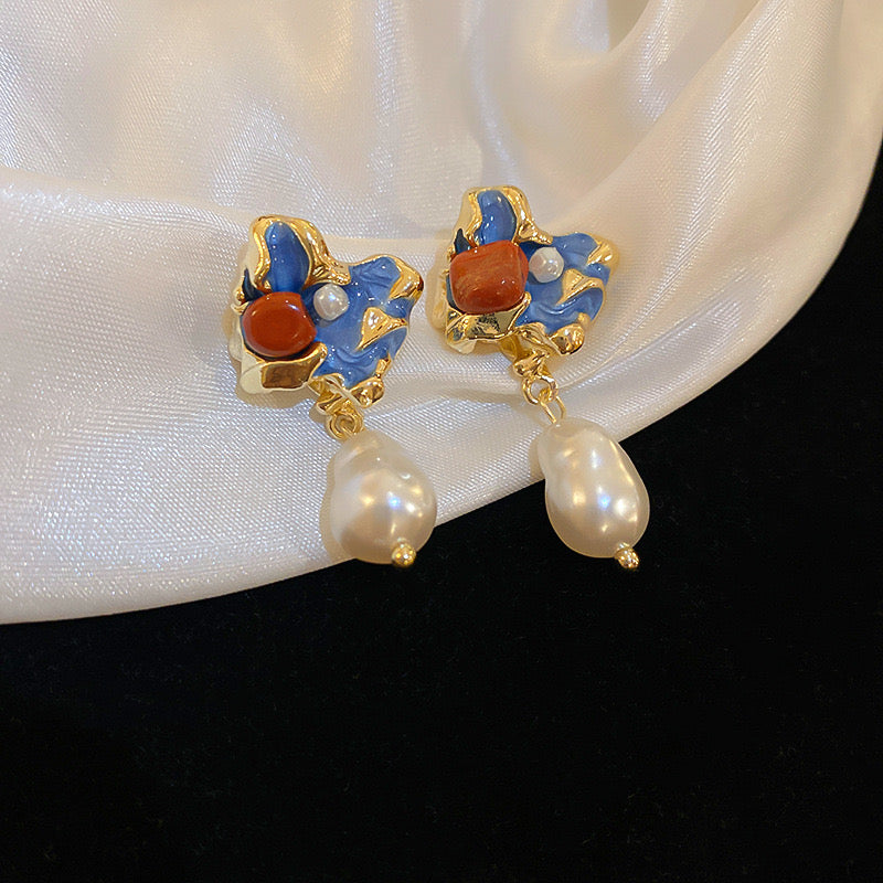 Women's  Vintage Silver Earrings Medieval retro blue oil painting style irregular pearl high-grade earrings