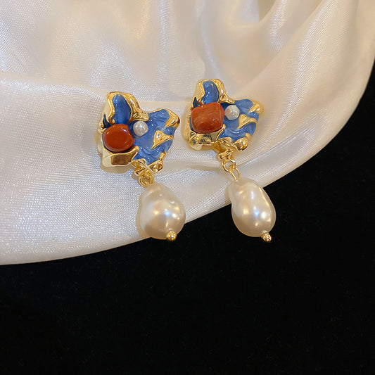 Women's  Vintage Silver Earrings Medieval retro blue oil painting style irregular pearl high-grade earrings