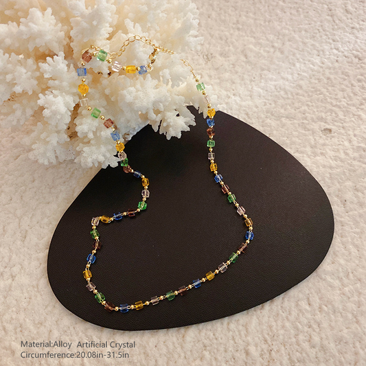 gold fine short chain necklace with glass multicolor Beads
