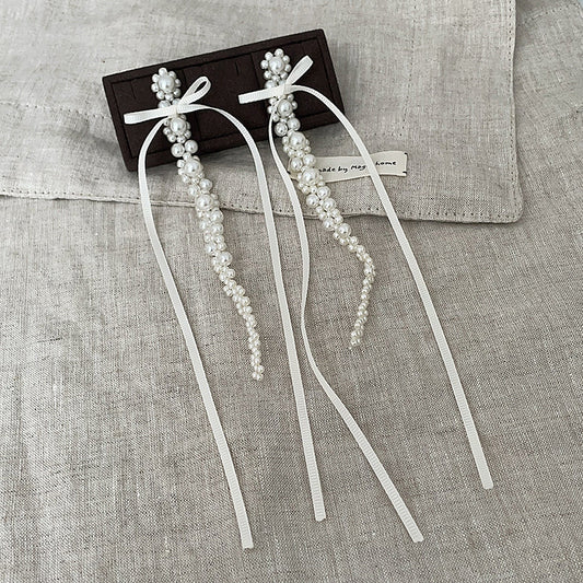 long Braided faux pearl earrings with white ribbon , y2K cool style 