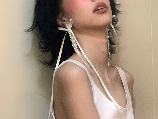 long Braided faux pearl earrings with white ribbon , y2K cool style 