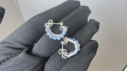 18K Silver Plated 925 Sterling Silver, Hypoallergenic Beaded Blue and White Stud Earrings, Double Layer Beaded Stud Earrings Unique Cute Jewelry for Women