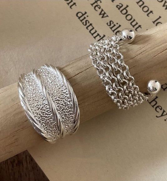 ripple ring set of 2 S925 silver rings with chain ring and thick silver band 