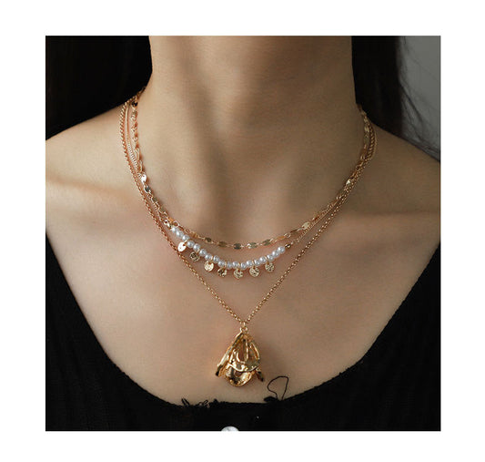 stacked vine figaro  chain Necklace with pearl Accents 18KGold Plated
